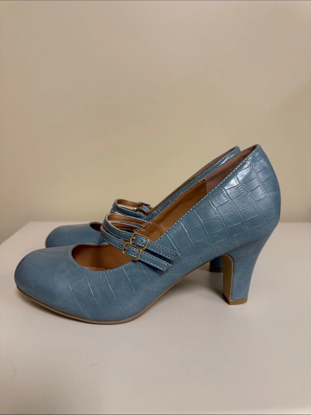Journee Collection Blue Croc-Embossed Mary Jane Heels